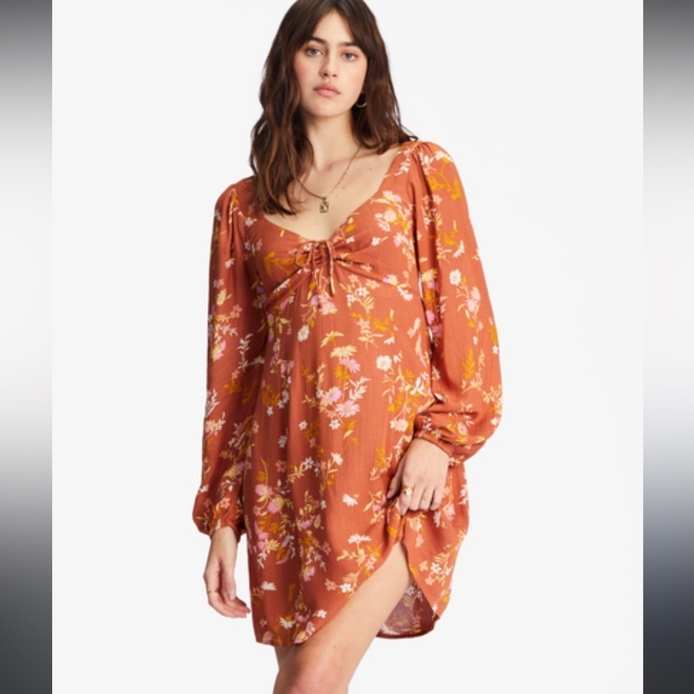 Billabong True Romance Dress Sweet Chocolate Square neck Elbow puff sleeves L
